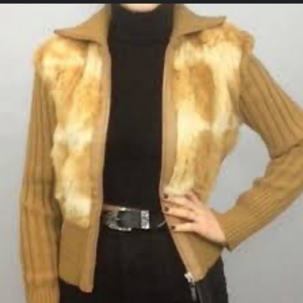 Morrow Genuine Fur Vested Knit Jacket Size M Color Mustard